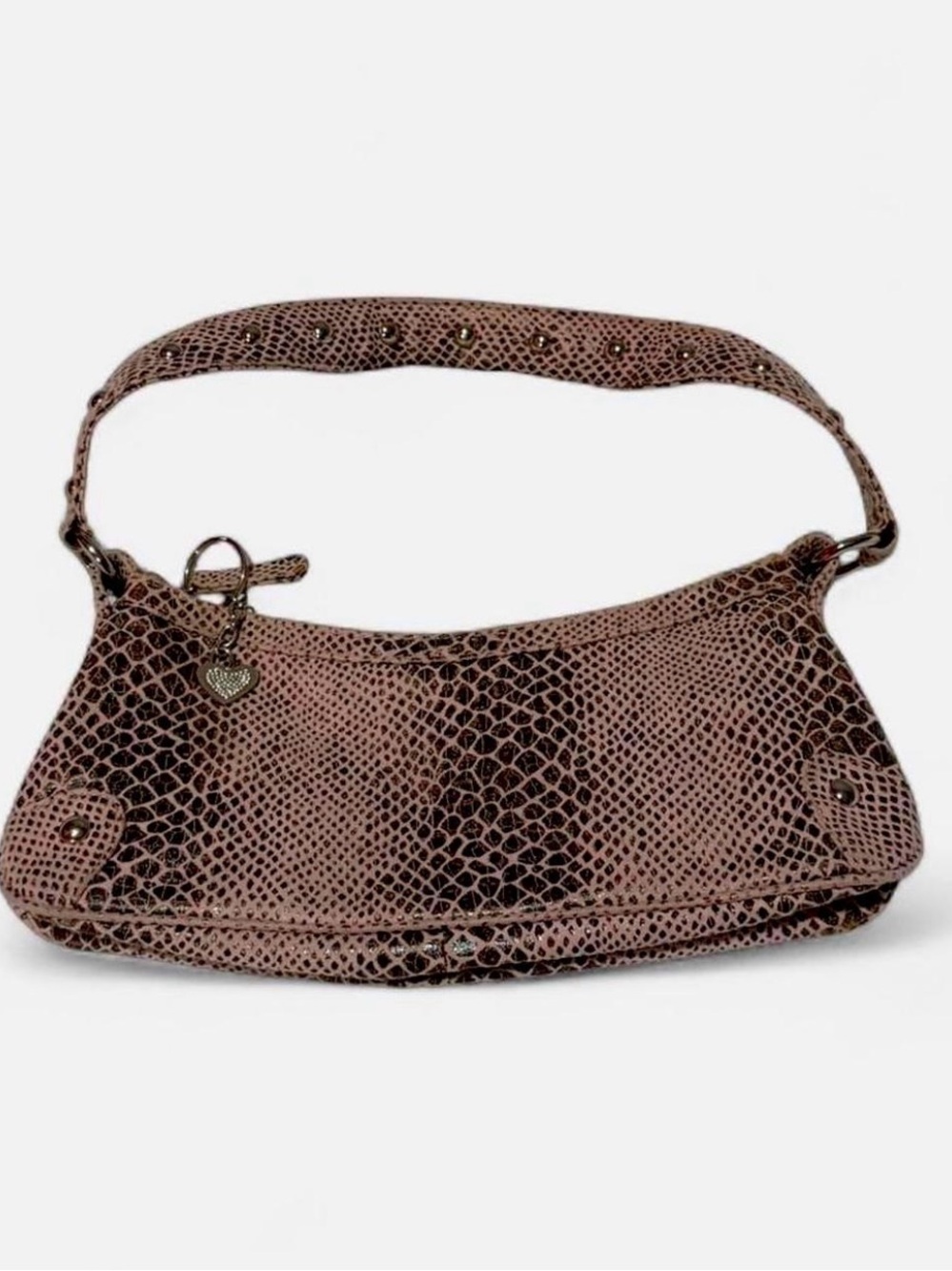 Snake-Embossed Brown Shoulder Bag with Heart Charm